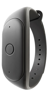 Omi device seated in a black silicone wristband, button facing out