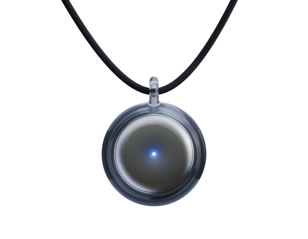 Omi pendant recorder hanging from a black cord necklace, small blue light lit in the center