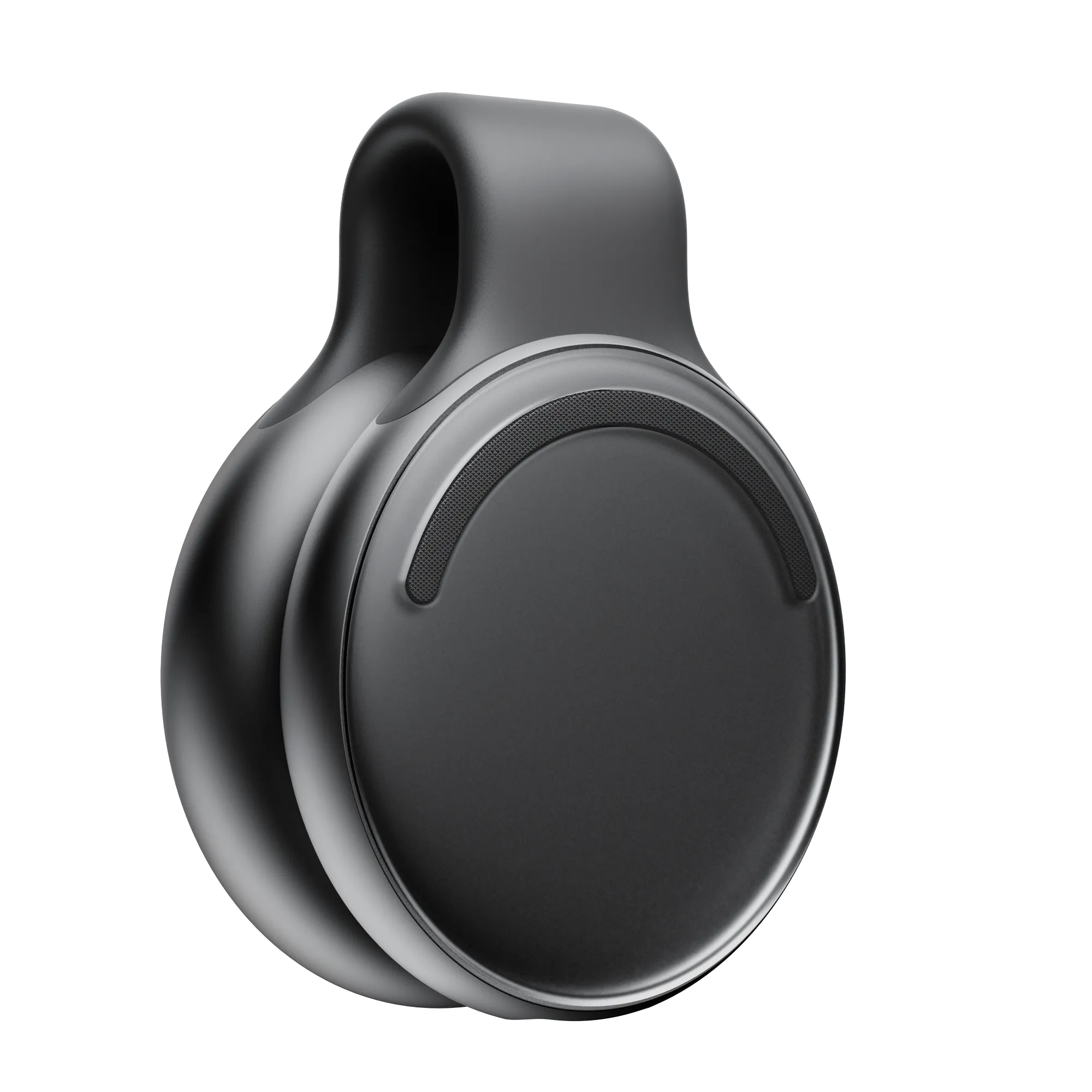Omi pendant in its black clip case, shown at an angle with the microphone slot visible