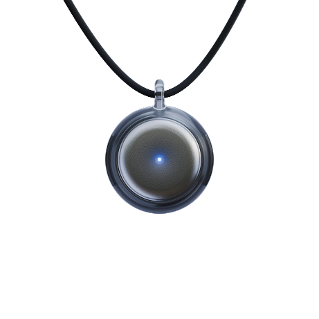 Omi pendant photographed straight on, cord coiled above it, light glowing at the center